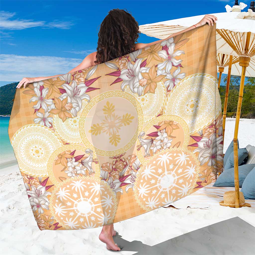 Hawaii Peach Palaka Sarong With Tapa Pattern Tropical Flowers - Polynesian Pride