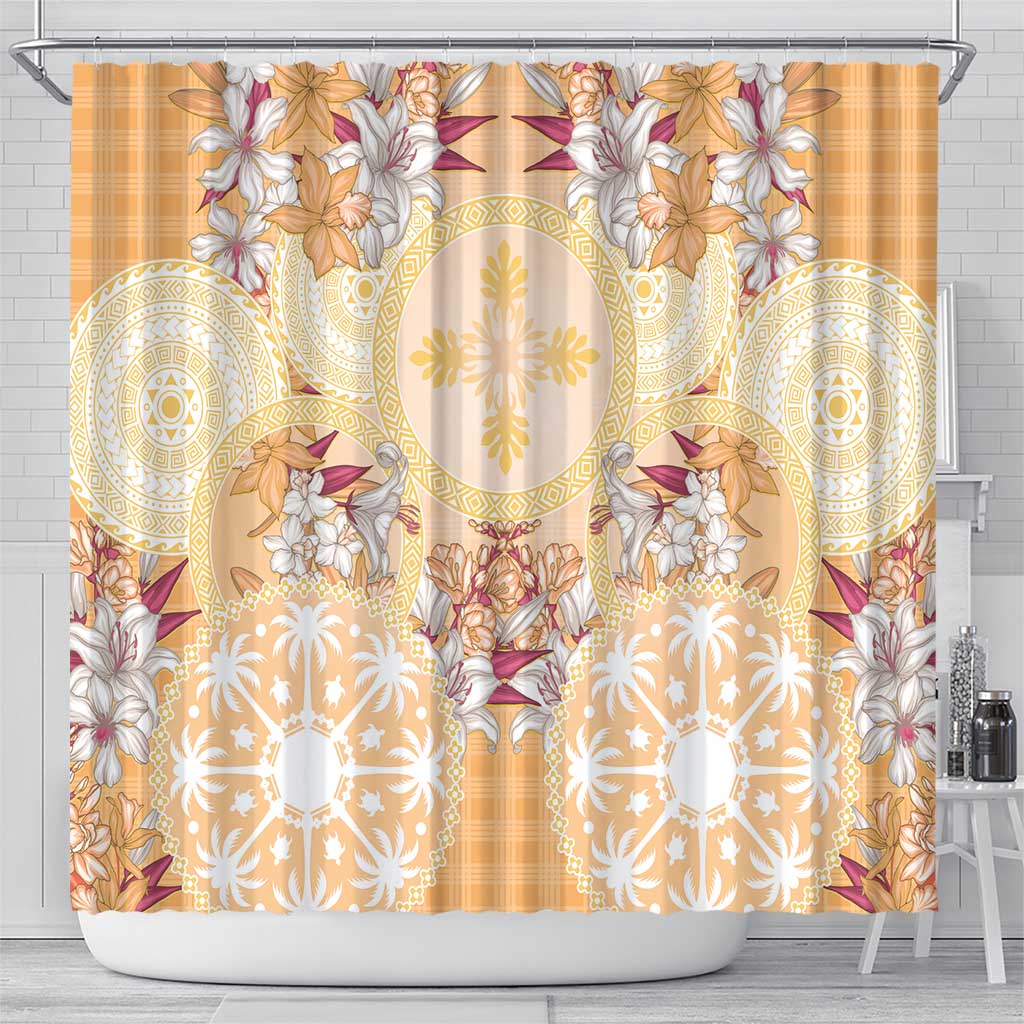 Hawaii Peach Palaka Shower Curtain With Tapa Pattern Tropical Flowers - Polynesian Pride