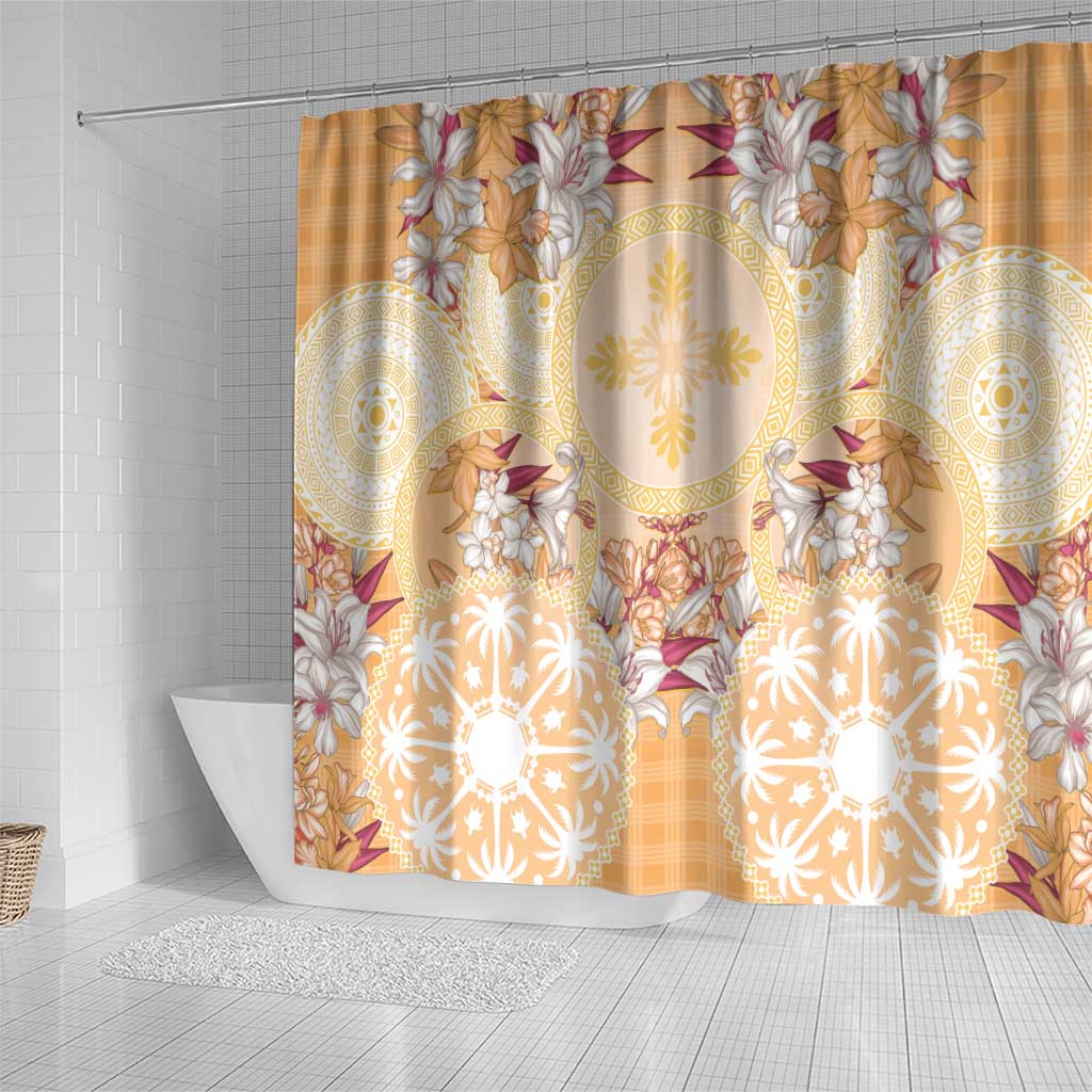 Hawaii Peach Palaka Shower Curtain With Tapa Pattern Tropical Flowers - Polynesian Pride