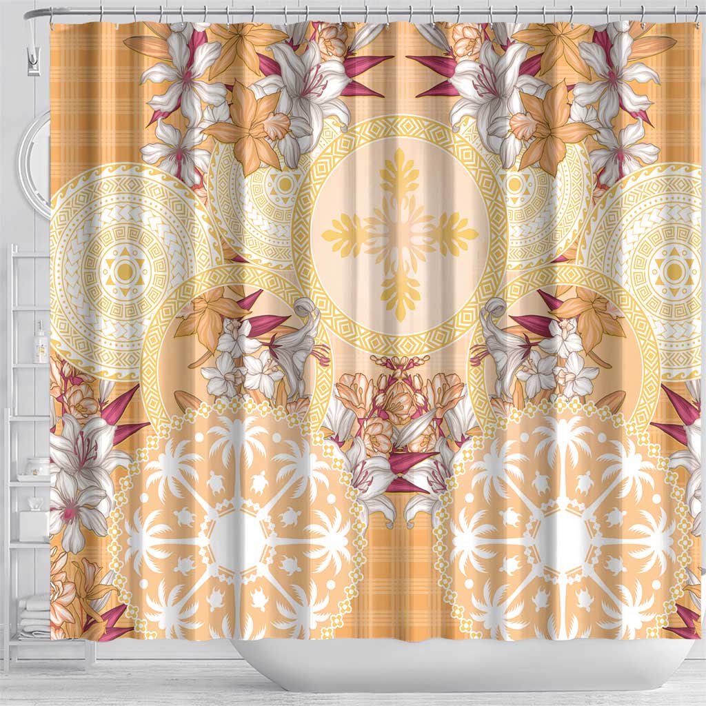 Hawaii Peach Palaka Shower Curtain With Tapa Pattern Tropical Flowers - Polynesian Pride