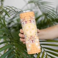 Hawaii Peach Palaka Skinny Tumbler With Tapa Pattern Tropical Flowers - Polynesian Pride