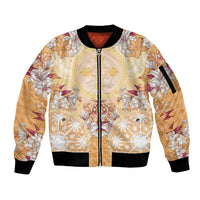 Hawaii Peach Palaka Sleeve Zip Bomber Jacket With Tapa Pattern Tropical Flowers - Polynesian Pride