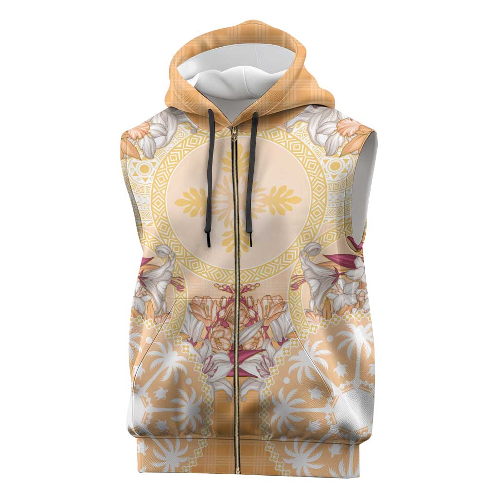 Hawaii Peach Palaka Sleeveless Zip Hoodie With Tapa Pattern Tropical Flowers - Polynesian Pride