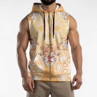 Hawaii Peach Palaka Sleeveless Zip Hoodie With Tapa Pattern Tropical Flowers - Polynesian Pride