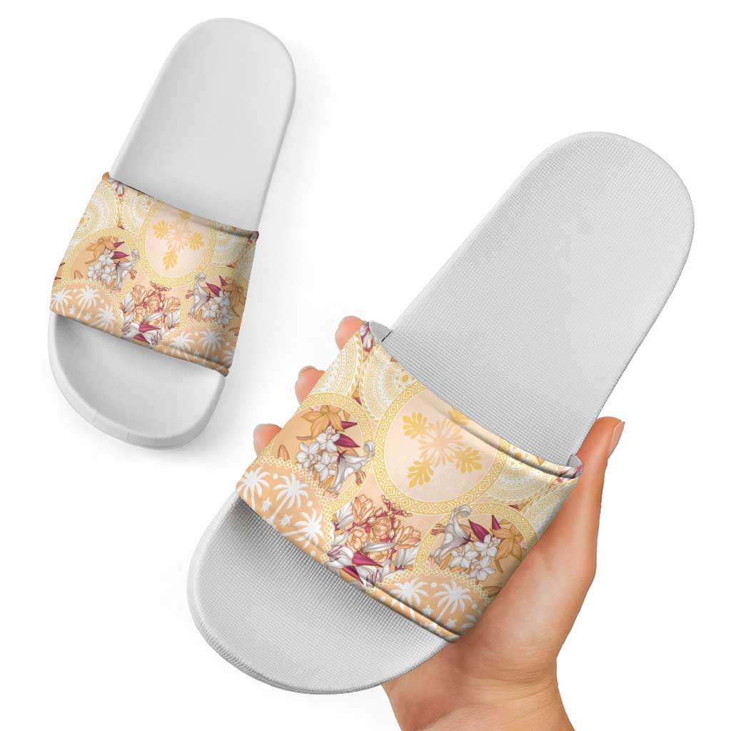 Hawaii Peach Palaka Slide Sandals With Tapa Pattern Tropical Flowers - Polynesian Pride