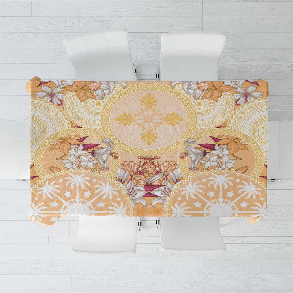 Hawaii Peach Palaka Tablecloth With Tapa Pattern Tropical Flowers - Polynesian Pride