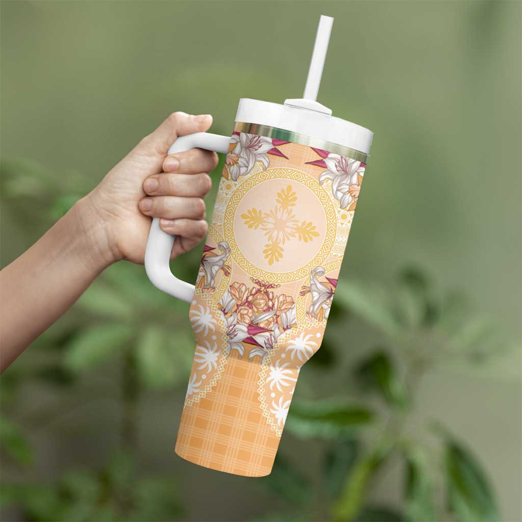 Hawaii Peach Palaka Tumbler With Handle With Tapa Pattern Tropical Flowers - Polynesian Pride