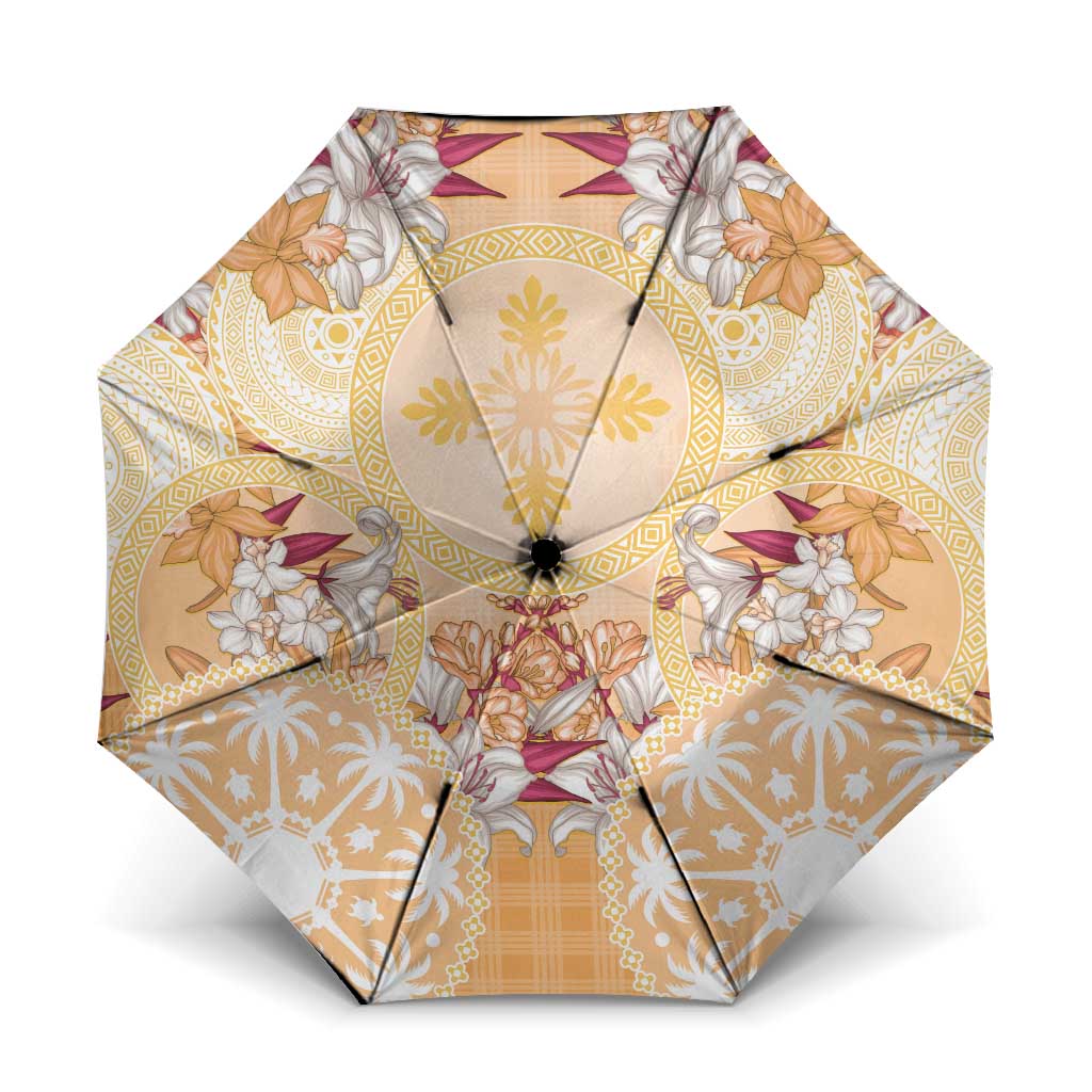 Hawaii Peach Palaka Umbrella With Tapa Pattern Tropical Flowers - Polynesian Pride