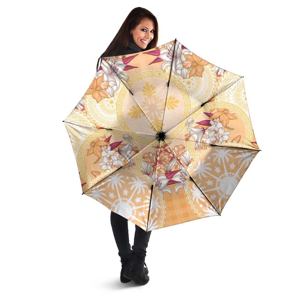 Hawaii Peach Palaka Umbrella With Tapa Pattern Tropical Flowers - Polynesian Pride
