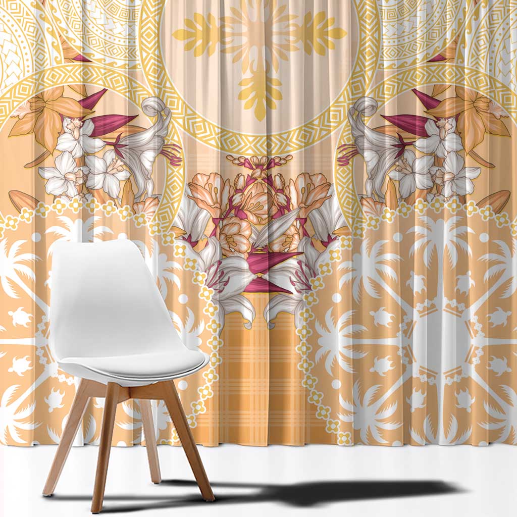 Hawaii Peach Palaka Window Curtain With Tapa Pattern Tropical Flowers - Polynesian Pride