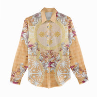 Hawaii Peach Palaka Women Casual Shirt With Tapa Pattern Tropical Flowers - Polynesian Pride