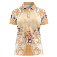 Hawaii Peach Palaka Women Polo Shirt With Tapa Pattern Tropical Flowers LT05 Female Peach - Polynesian Pride