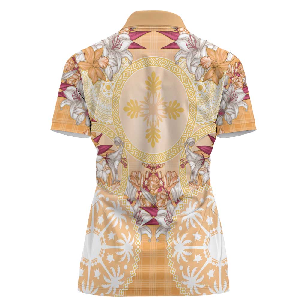 Hawaii Peach Palaka Women Polo Shirt With Tapa Pattern Tropical Flowers LT05 - Polynesian Pride