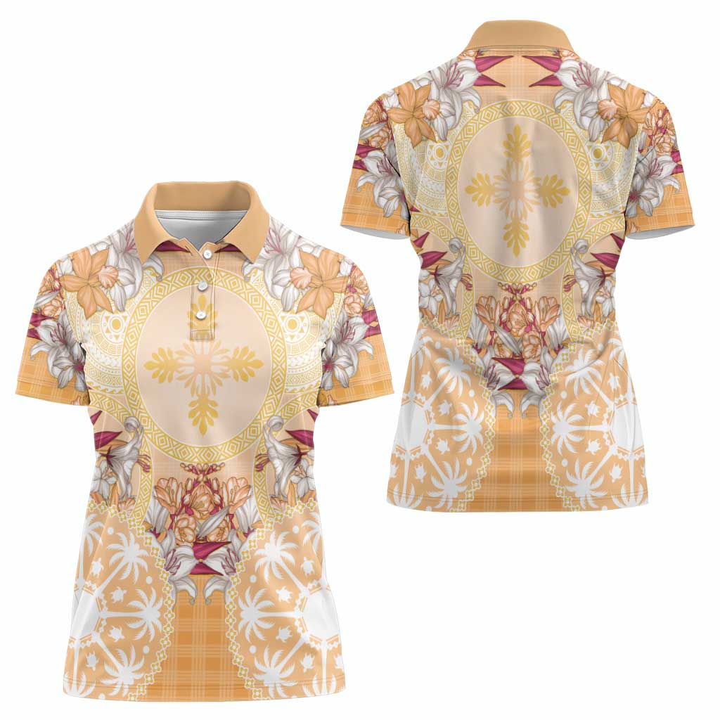 Hawaii Peach Palaka Women Polo Shirt With Tapa Pattern Tropical Flowers LT05 - Polynesian Pride