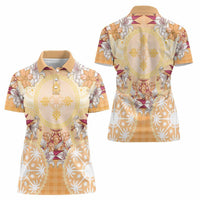 Hawaii Peach Palaka Women Polo Shirt With Tapa Pattern Tropical Flowers LT05 - Polynesian Pride