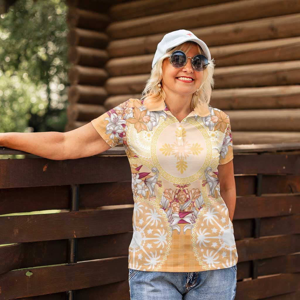 Hawaii Peach Palaka Women Polo Shirt With Tapa Pattern Tropical Flowers LT05 - Polynesian Pride