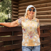 Hawaii Peach Palaka Women Polo Shirt With Tapa Pattern Tropical Flowers LT05 - Polynesian Pride