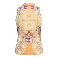 Hawaii Peach Palaka Women Sleeveless Polo Shirt With Tapa Pattern Tropical Flowers - Polynesian Pride