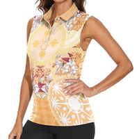 Hawaii Peach Palaka Women Sleeveless Polo Shirt With Tapa Pattern Tropical Flowers - Polynesian Pride