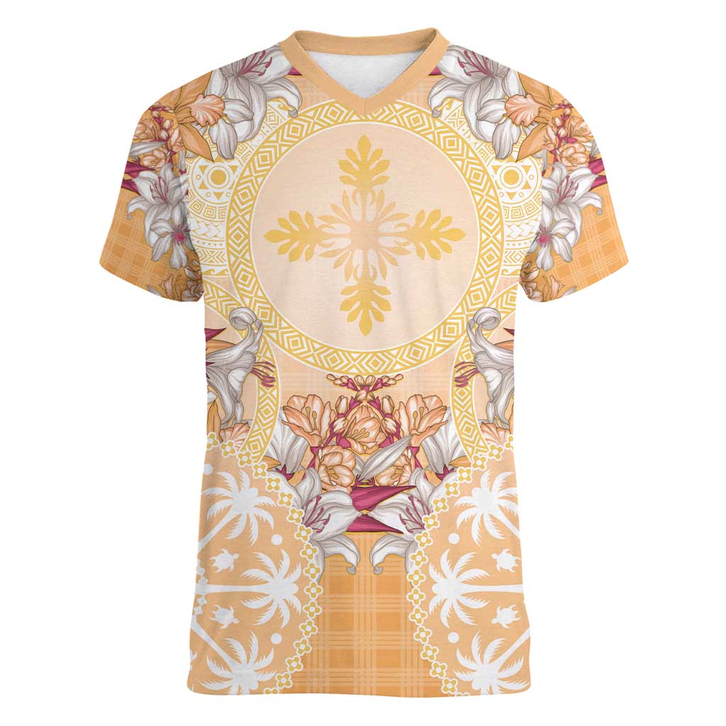 Hawaii Peach Palaka Women V-Neck T-Shirt With Tapa Pattern Tropical Flowers - Polynesian Pride