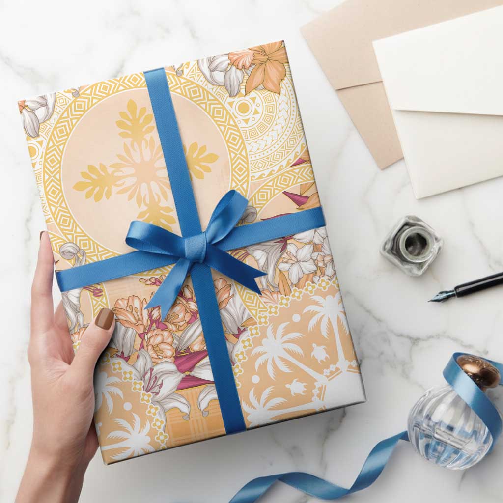 Hawaii Peach Palaka Wrapping Paper With Tapa Pattern Tropical Flowers - Polynesian Pride