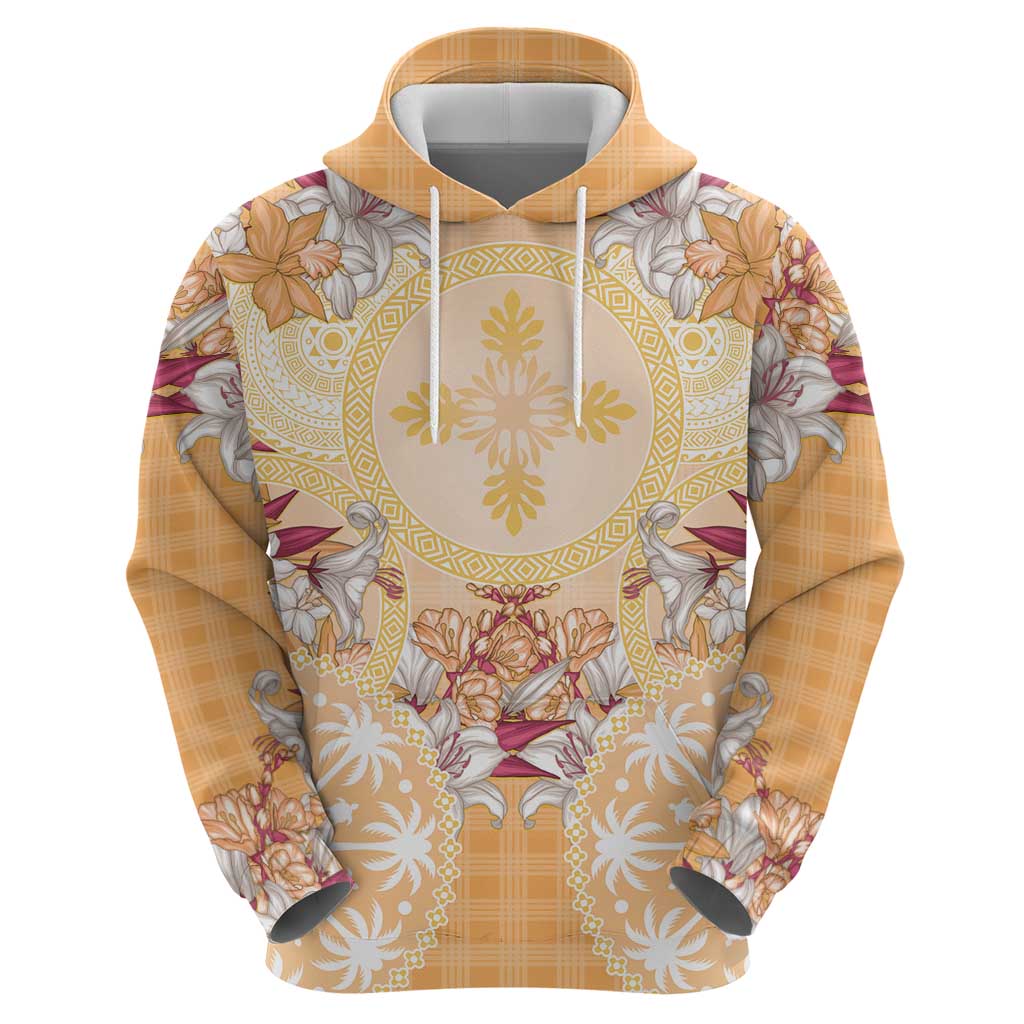 Hawaii Peach Palaka Zip Hoodie With Tapa Pattern Tropical Flowers - Polynesian Pride