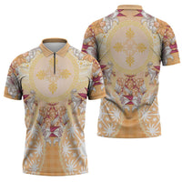 Hawaii Peach Palaka Zipper Polo Shirt With Tapa Pattern Tropical Flowers - Polynesian Pride