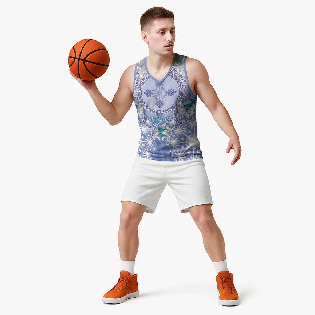 Hawaii Violet Palaka Basketball Jersey With Tapa Pattern Tropical Flowers - Polynesian Pride