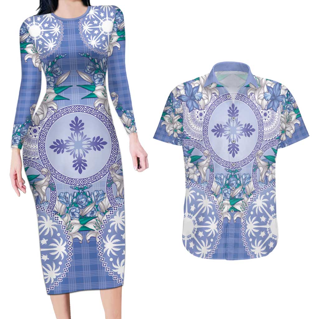 Hawaii Violet Palaka Couples Matching Long Sleeve Bodycon Dress and Hawaiian Shirt With Tapa Pattern Tropical Flowers - Polynesian Pride