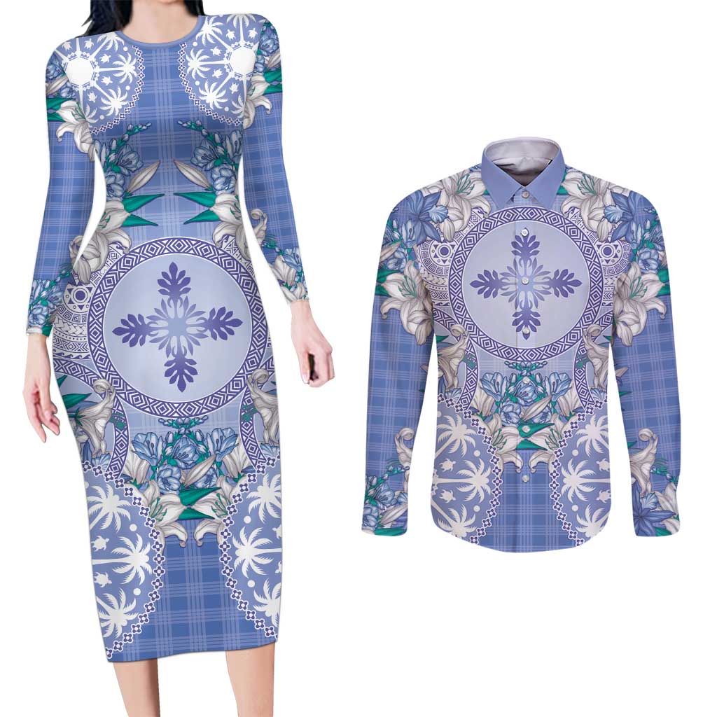 Hawaii Violet Palaka Couples Matching Long Sleeve Bodycon Dress and Long Sleeve Button Shirt With Tapa Pattern Tropical Flowers - Polynesian Pride