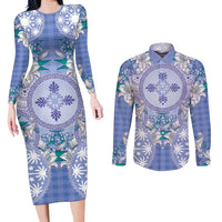 Hawaii Violet Palaka Couples Matching Long Sleeve Bodycon Dress and Long Sleeve Button Shirt With Tapa Pattern Tropical Flowers - Polynesian Pride