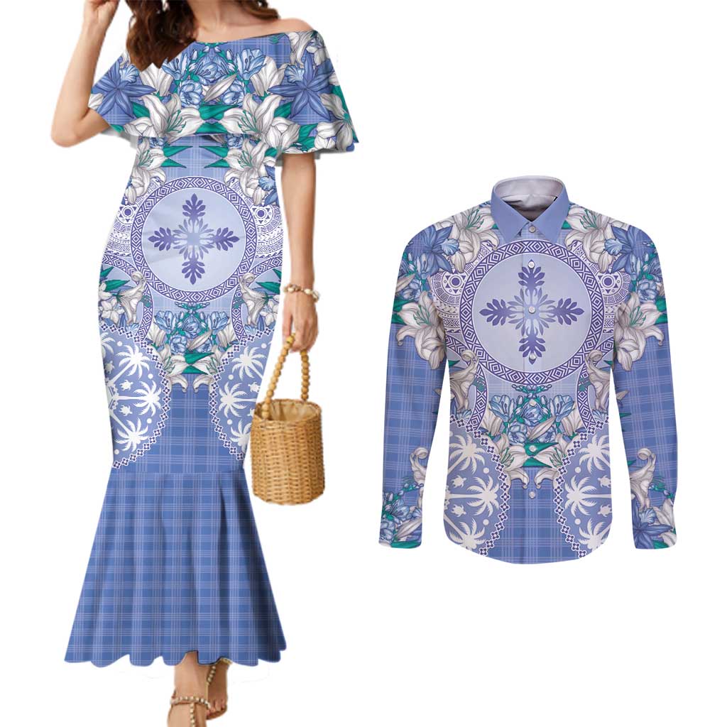 Hawaii Violet Palaka Couples Matching Mermaid Dress and Long Sleeve Button Shirt With Tapa Pattern Tropical Flowers - Polynesian Pride