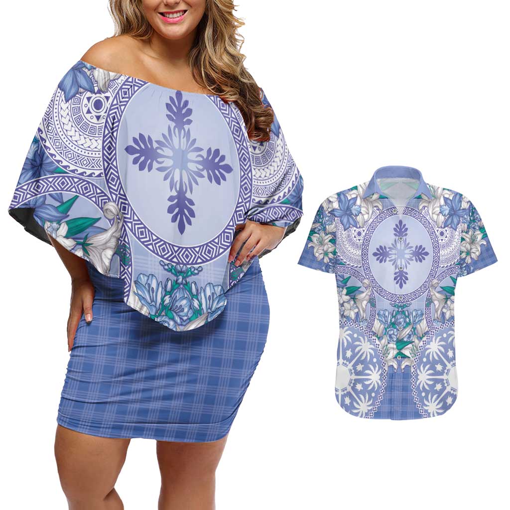Hawaii Violet Palaka Couples Matching Off Shoulder Short Dress and Hawaiian Shirt With Tapa Pattern Tropical Flowers - Polynesian Pride