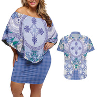 Hawaii Violet Palaka Couples Matching Off Shoulder Short Dress and Hawaiian Shirt With Tapa Pattern Tropical Flowers - Polynesian Pride