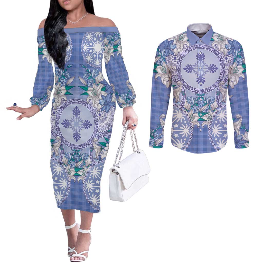 Hawaii Violet Palaka Couples Matching Off The Shoulder Long Sleeve Dress and Long Sleeve Button Shirt With Tapa Pattern Tropical Flowers - Polynesian Pride