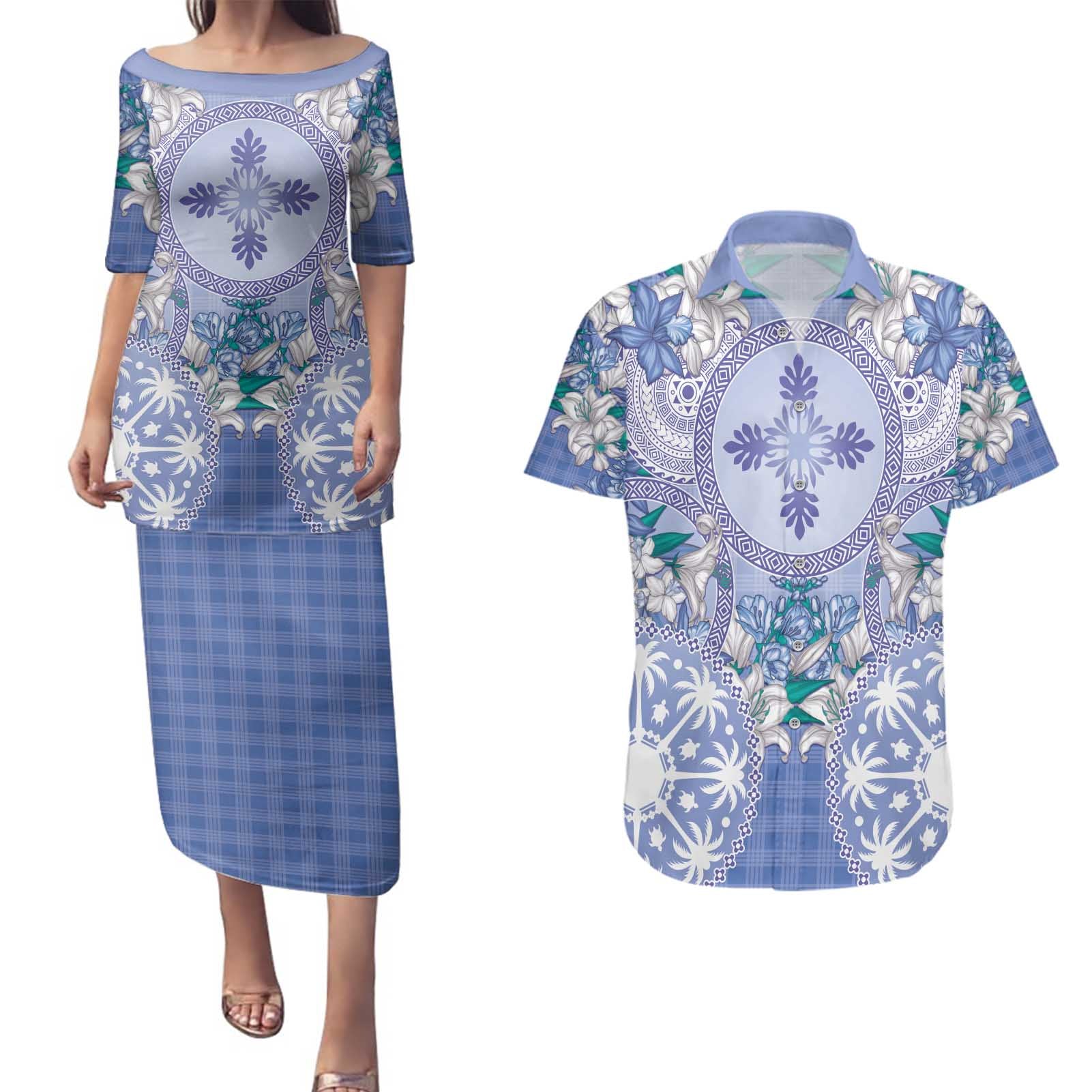 Hawaii Violet Palaka Couples Matching Puletasi and Hawaiian Shirt With Tapa Pattern Tropical Flowers - Polynesian Pride