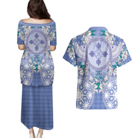 Hawaii Violet Palaka Couples Matching Puletasi and Hawaiian Shirt With Tapa Pattern Tropical Flowers - Polynesian Pride