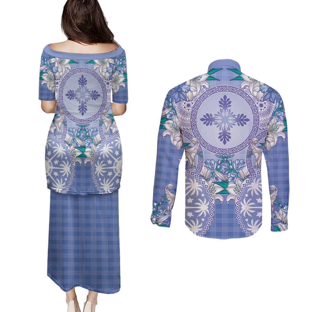 Hawaii Violet Palaka Couples Matching Puletasi and Long Sleeve Button Shirt With Tapa Pattern Tropical Flowers - Polynesian Pride