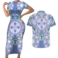 Hawaii Violet Palaka Couples Matching Short Sleeve Bodycon Dress and Hawaiian Shirt With Tapa Pattern Tropical Flowers - Polynesian Pride