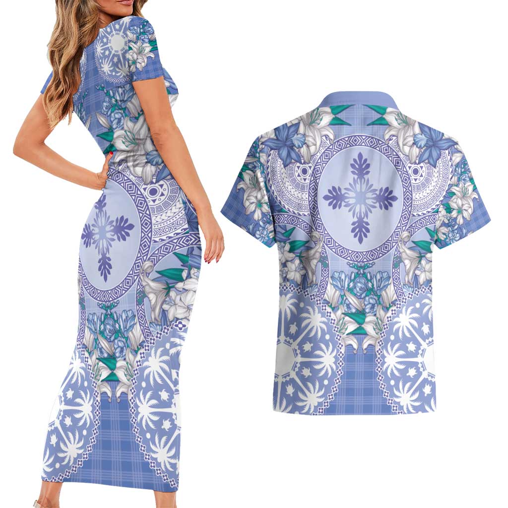 Hawaii Violet Palaka Couples Matching Short Sleeve Bodycon Dress and Hawaiian Shirt With Tapa Pattern Tropical Flowers - Polynesian Pride