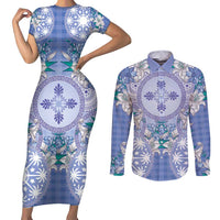Hawaii Violet Palaka Couples Matching Short Sleeve Bodycon Dress and Long Sleeve Button Shirt With Tapa Pattern Tropical Flowers - Polynesian Pride