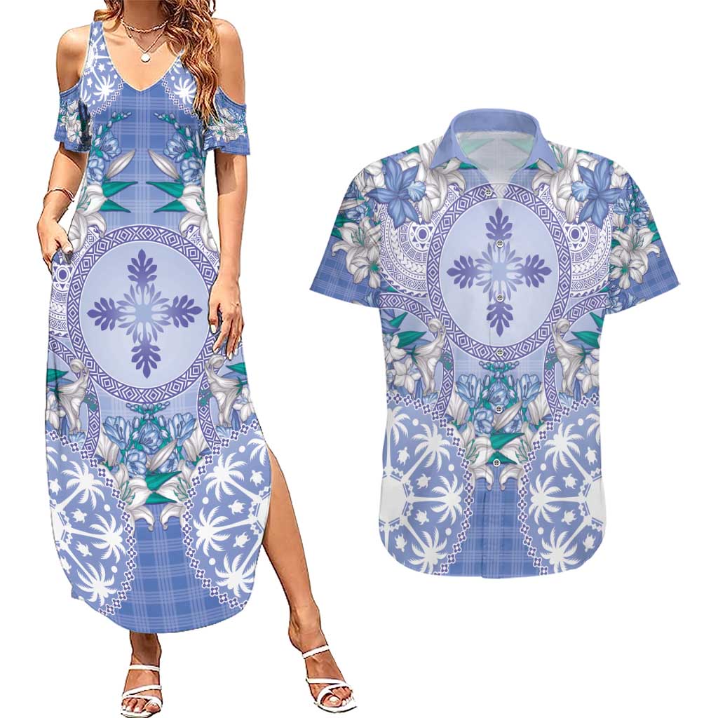 Hawaii Violet Palaka Couples Matching Summer Maxi Dress and Hawaiian Shirt With Tapa Pattern Tropical Flowers - Polynesian Pride