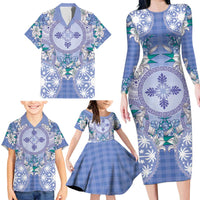 Hawaii Violet Palaka Family Matching Long Sleeve Bodycon Dress and Hawaiian Shirt With Tapa Pattern Tropical Flowers - Polynesian Pride
