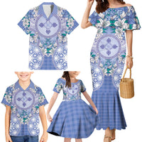 Hawaii Violet Palaka Family Matching Mermaid Dress and Hawaiian Shirt With Tapa Pattern Tropical Flowers - Polynesian Pride