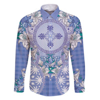 Hawaii Violet Palaka Family Matching Off The Shoulder Long Sleeve Dress and Hawaiian Shirt With Tapa Pattern Tropical Flowers - Polynesian Pride