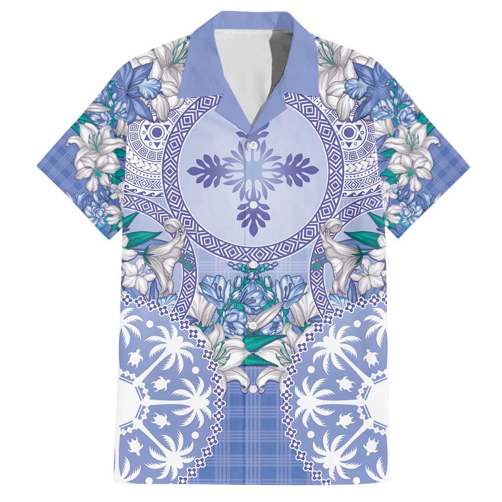 Hawaii Violet Palaka Family Matching Off Shoulder Short Dress and Hawaiian Shirt With Tapa Pattern Tropical Flowers - Polynesian Pride