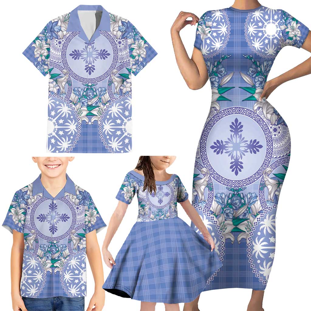 Hawaii Violet Palaka Family Matching Short Sleeve Bodycon Dress and Hawaiian Shirt With Tapa Pattern Tropical Flowers - Polynesian Pride
