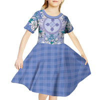 Hawaii Violet Palaka Kid Short Sleeve Dress With Tapa Pattern Tropical Flowers - Polynesian Pride