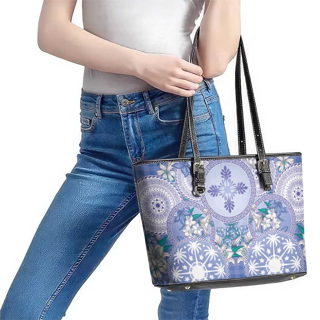 Hawaii Violet Palaka Leather Tote Bag With Tapa Pattern Tropical Flowers - Polynesian Pride