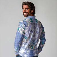 Hawaii Violet Palaka Long Sleeve Polo Shirt With Tapa Pattern Tropical Flowers - Polynesian Pride
